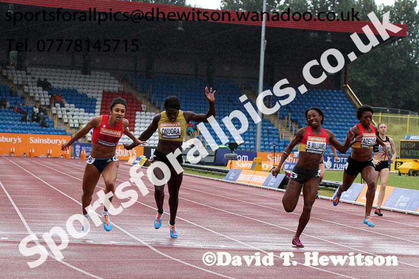 Jodie Williams (Herts Pheonix) wins from Bianca Williams (Enfield) and 3rd Anyika Onoura (Liverpool) 200 metres final, 2014 Sainsbury's British Championships. Photo: David T. Hewitson/Sports for All Pics